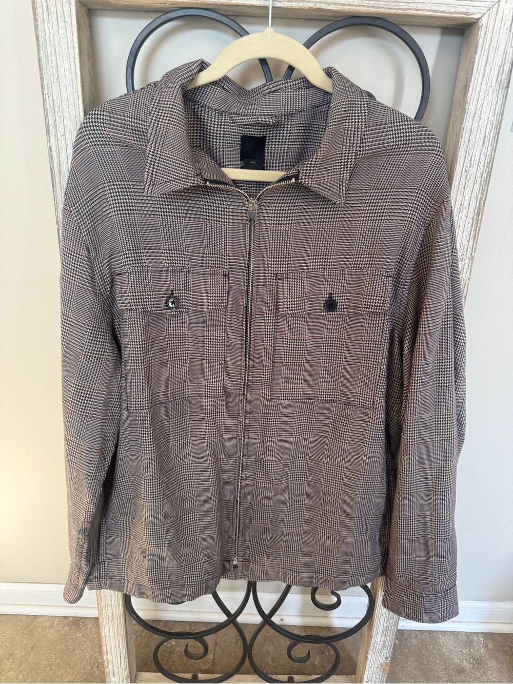 H&M Plaid Zip Front Shacket Jacket Mens XL Prince Of Wales Check Brown Black